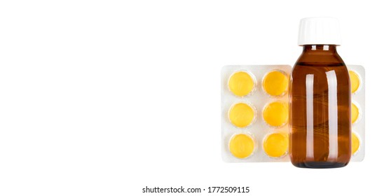 Throat ache pills in bister and syrup, isolated on white background. Copy space template, banner. - Shutterstock ID 1772509115