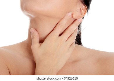 Throat pain concept. Young woman with touching her throat.