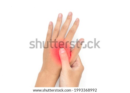 Throbbing pain in palm of Asian young man. Concept of cellulitis. Isolated on white. Stock photo © 