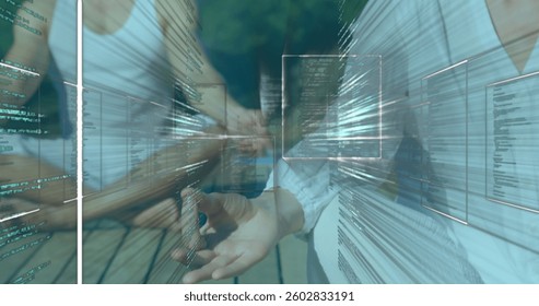 Through digital interface, hands shaking symbolizing virtual connection and technology. networking, collaboration, innovation, partnership, communication, futuristic
