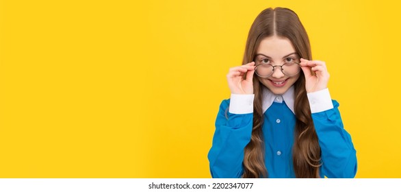 Through My Eyeglasses I See Just Fine. Happy Girl Child Wear Eyeglasses. Trouble Seeing. Child Face, Horizontal Poster, Teenager Girl Portrait, Banner With Copy Space.