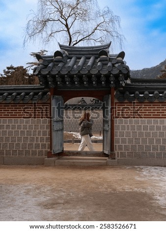 Through the open gate, past and present merge. A lone figure walks, framed by aged bricks and curved eaves, as history whispers in the wind.