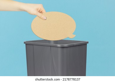 Throw Speech Bubble In Trash Can, Speech Bubble In Hand In Front Of Trash Can, Concept Of Refusal To Speak, Erase Messages