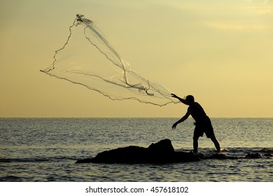 Throwing Fishing Net During Sunrisethailandselect Focus Stock Photo ...