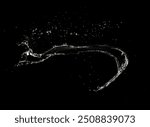 Throwing water to object make curve drop splash in explosion motion. Black background isolated. Throwing Splatter Water splash hit on object to create shape form fluttering in droplet and wave