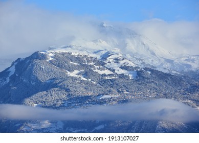 Ths Luxury Ski Resort Of Crans Montana In The Mist In The Southern Swiss Alps, In The Winter