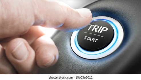 Thumb about to press a start button to begin a business trip. Composite image between a hand photography and a 3D background. - Shutterstock ID 1060365011