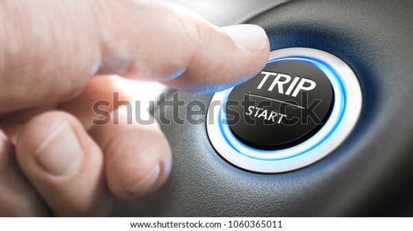 Thumb about to press a start button to begin\
a business trip. Composite image between a hand photography and a\
3D background.