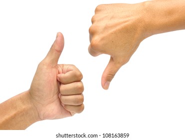 Thumb up and thumb down hand signs isolated on white