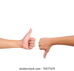Thumb up and thumb down hand signs isolated on white with a copy space