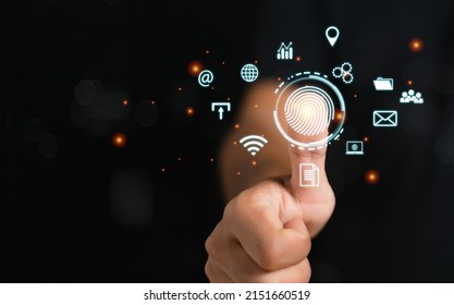 Thumbprint sensor digital data concept, Businessman fingerprint digital scanner. security electronic password code applications. safety data encryption.