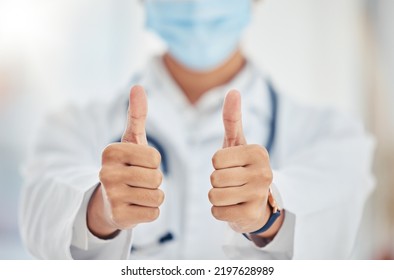 Thumbs Up Doctor Hand Sign For Covid Surgery Success, Support And Yes In A Hospital. Medical And Healthcare Worker Showing Thank You, Agreement Or Goal Completion Hands Gesture In A Health Clinic