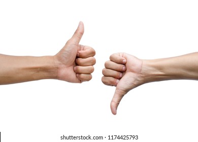 Thumbs up and thumbs down on white background