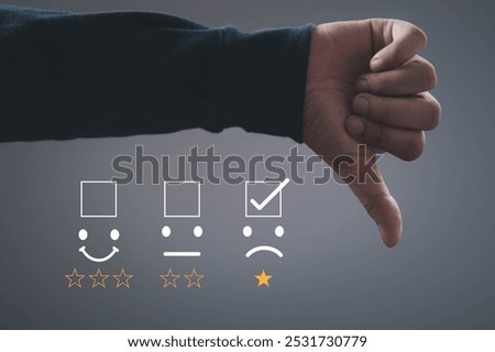 Thumbs down and sad face indicating poor or negative review with one-star rating, depicting customer dissatisfaction and feedback.