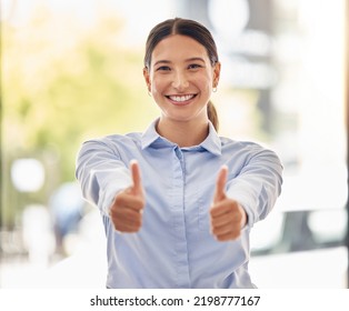 Thumbs Up Emoji For Motivation, Success And Praise For Support, Luck And Thanks. Portrait Of Happy, Smile And Excited Business Woman, Winner And Worker With Goal, Yes Feedback And Trust For Good News