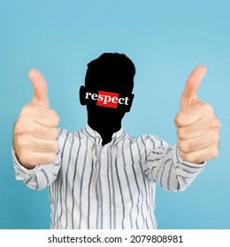 Thumbs up gesture. Artwork. Conceptual portrait of faceless man with word respect instead face isolated on blue background. Human psychology, anonymity, character traits, mental health concept. - Shutterstock ID 2079808981