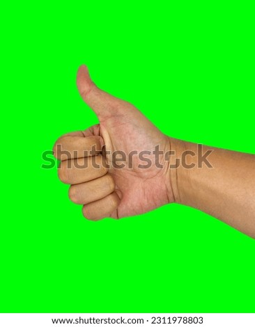 thumbs up hand sign with green screen background, approval or like this gesture finger