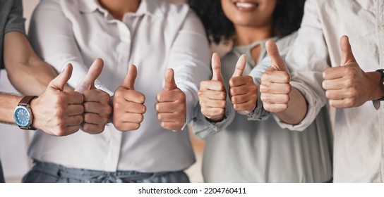 Thumbs Up Hands For Teamwork, Motivation And Support At Advertising Startup Company Office. Partnership Of Marketing Agency Business People In Collaboration, Trust And Success Of Target Goal Meeting