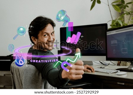 Thumbs up man, creative content creator, 3D digital remix. Colorful mixed media with internet and social media concept. Creative content with hispanic man giving thumbs up. Hispanic businessman.