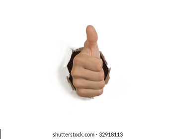 Thumbs Up Success Hand Breaking Through White Wall