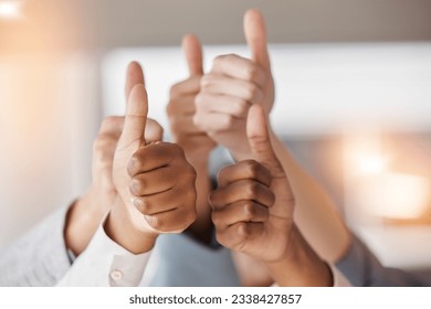 Thumbs up, business people and hands for success, teamwork and vote yes to show support. Closeup, employees and group with thumb sign, like emoji and thank you for trust, agreement and winning goals - Powered by Shutterstock