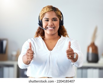 Thumbs Up, Crm And Contact Use With A Call Center Agent Working In Customer Service Or Telemarketing. Thank You, Sales And Support With A Happy Business Woman Working In Her Office With A Headset