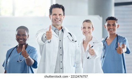 Thumbs Up, Doctor And Happy Nurse Staff Together With Success, Thank You And Welcome Hand Sign. Portrait Of Healthcare, Medical And Health Clinic Staff Smile With A Yes, Winner And Agreement Gesture