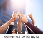 Thumbs up, group or people in agreement with hands on blue sky outdoors. Teamwork, collaboration or community diversity and colleagues in support gesture outside in city background with flare mockup