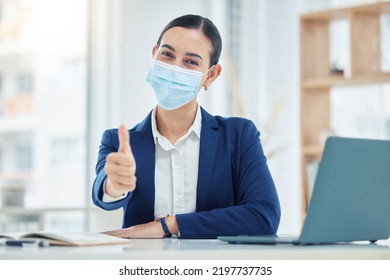 Thumbs Up, Mask Portrait And Covid Safety Business Woman With Face Protection For Serious Illness. Corporate Virus Policy Procedure For Good Health, Hygiene And Satisfaction Of Employees.