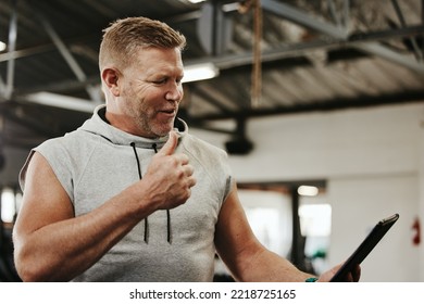 Thumbs Up, Personal Trainer And Video Call On A Tablet For Digital Fitness Workout Training Home Client. Gym Exercise For Wellness, Health And Weight Loss Using Technology For 5g Streaming Videocall