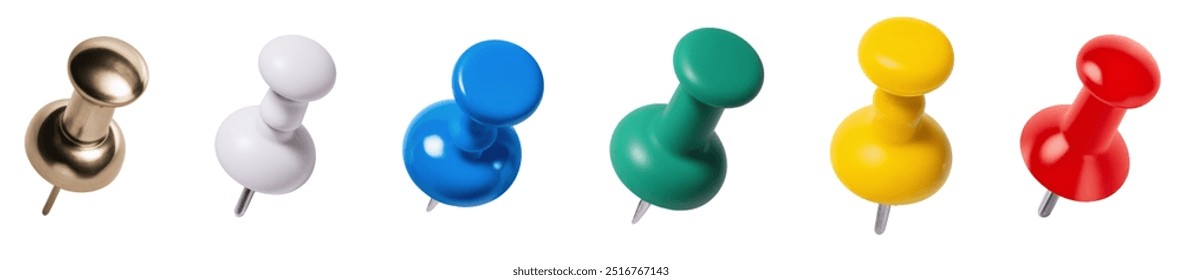 Thumbtacks On White Background Colored Thumbtack Office Photo. Pins for pinning paper notes - Powered by Shutterstock