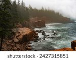 Thunder Hole, Acadia National Park, Maine. Foggy, rainy natural rock inlet where waves crash. Emerald Atlantic Ocean waves on red granite rocks, ocean cliffs. 