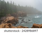 Thunder Hole, Acadia National Park, Maine. Foggy, rainy natural rock inlet where waves crash. Emerald Atlantic Ocean waves on red granite rocks, ocean cliffs. 