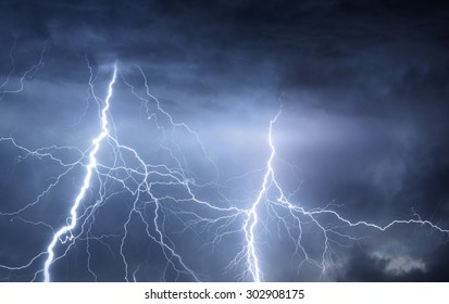 Thunder, Lightnings And Rain On Stormy Summer Night.