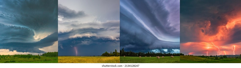 Thunder storm clouds with supercell wall clouds and lightning, summer, Lithuania