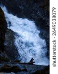 Thunderbird Falls in shade on a spring day in the Chugach State Park in Alaska. 