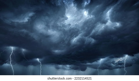 Thunderous dark sky with black clouds and flashing lightning. Panoramic view. Concept on the theme of weather, natural disasters, storms, typhoons, tornadoes, thunderstorms, lightning, lightning. - Shutterstock ID 2232114521
