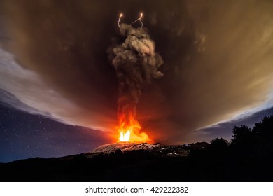 Thunderstorm During An Eruption Of The Volcano Mount Etna