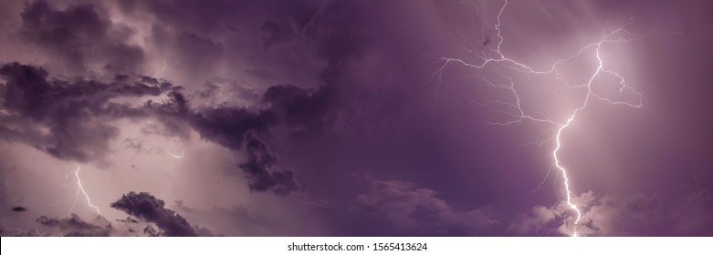 Thunderstorm with lightning bolts, banner.