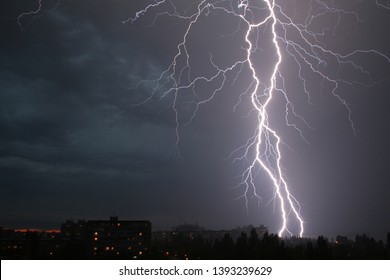 Thunderstorm. Lightning in the night sky over the city