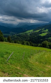 Thunderstorm Mood In Bregenzerwald With Dark Clouds And Rugged Mountains And Shady Hills In The Background. Illuminated Pasture With Alpine Flowers And Edge Of Forest