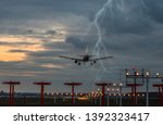 Thunderstorm on landing airplane at the airport