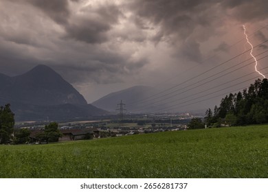 Thunderstorm Over Lienz With Visible Lightning Bolt