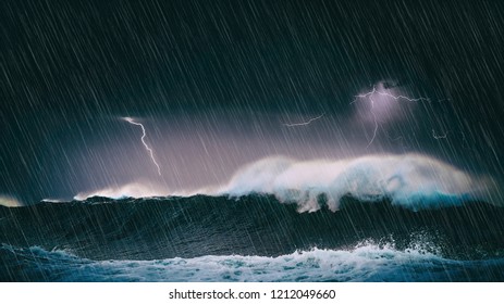 Thunderstorm In The Sea With Big Waves And Lightning