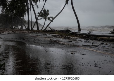 Thung Wua Laen Beach,  Chumphon provinc, Thailand - Jan 05, 2019: Storm surge from a Tropical storm Pabuk. Rain, wind and surging seawater from a tropical storm has buffeted coastal villages 
