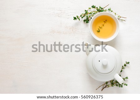 Thyme herbal tea, view from  above, space for a text