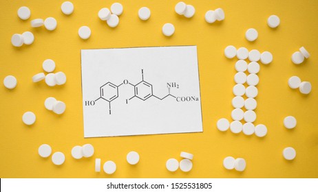 Thyroid Hormone Formula Triiodothyronine And Iodine On A Yellow Background.