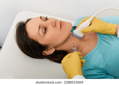 Thyroid nodule biopsy. Adult woman during fine needle aspiration biopsy guided ultrasonic and ultrasound specialist - Shutterstock ID 2288515069