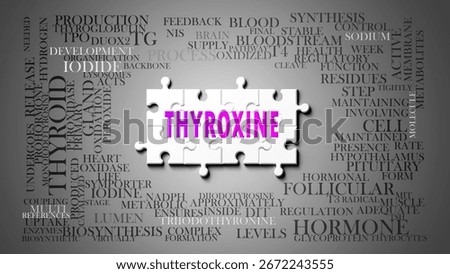 Thyroxine as a complex subject, related to important topics. Pictured as a puzzle and a word cloud made of most important ideas and phrases related to thyroxine.