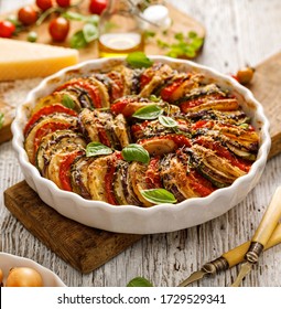 Tian Provencal casserole with a variety of vegetables a traditional vegetarian dish, close up